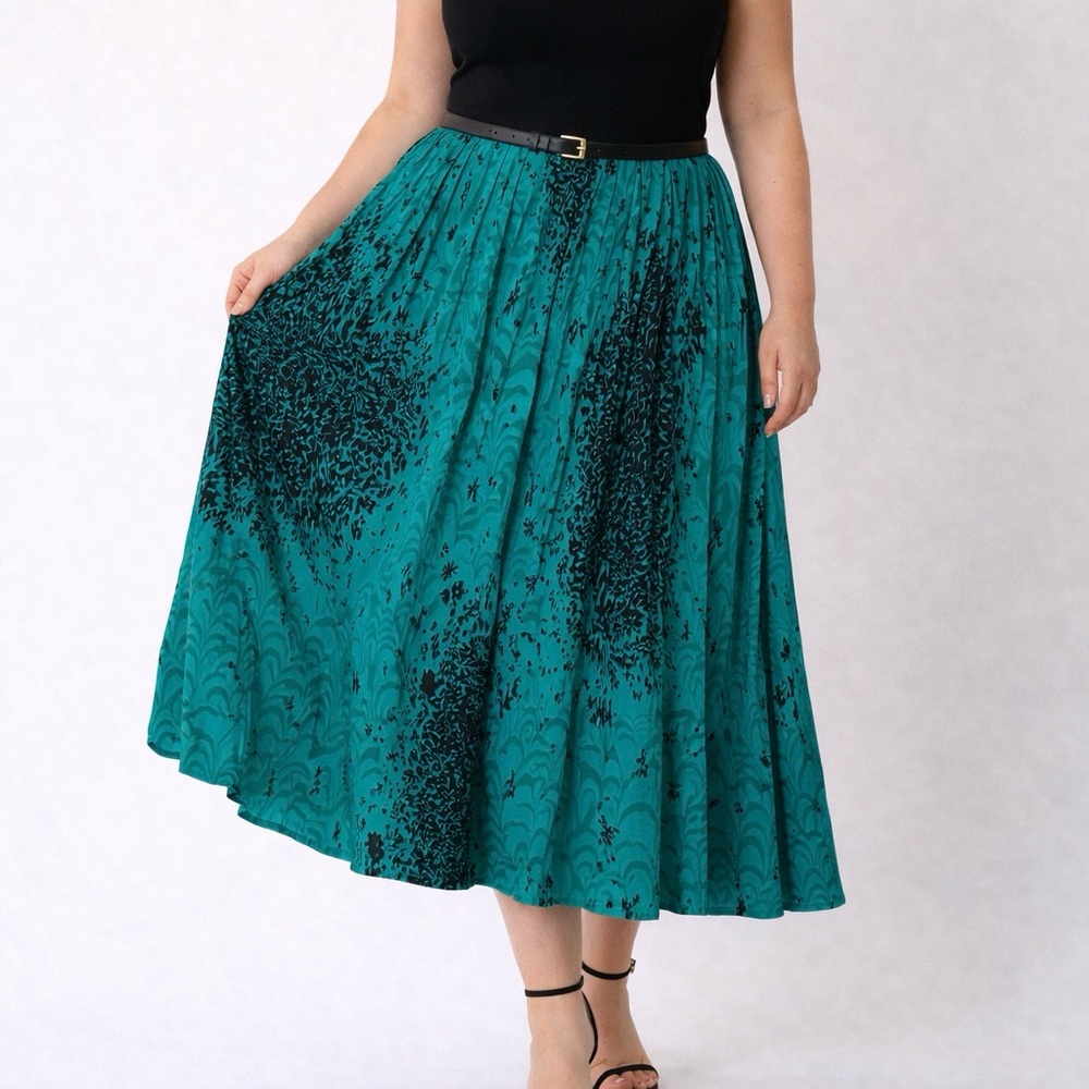 Vintage Jim Heilman 100% Silk Teal Abstract Print Midi Skirt Size 12 Made in USA